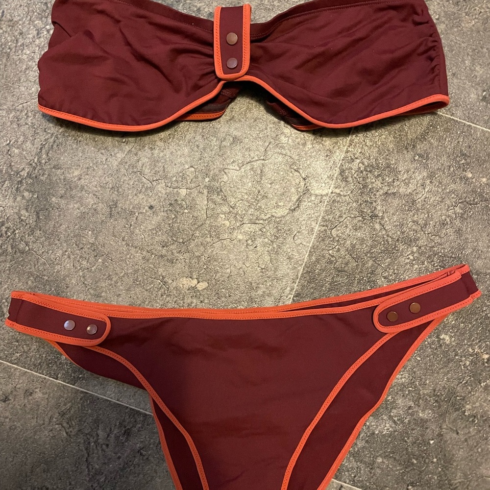 Brown and Orange Bikini Set with Bandeau Top
